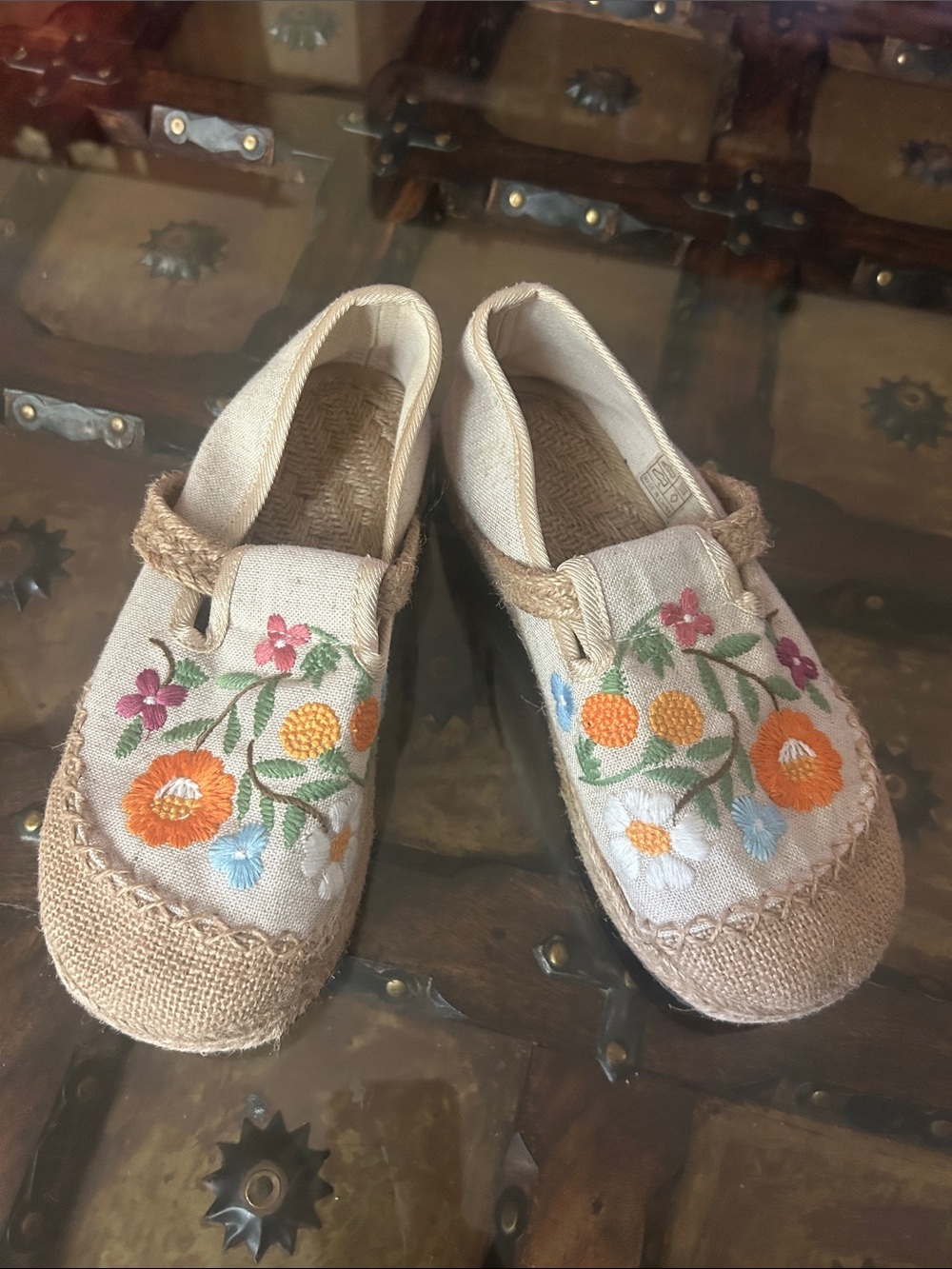 Embroidered Canvas Mary Jane Moccasins in Natural with Floral Detail